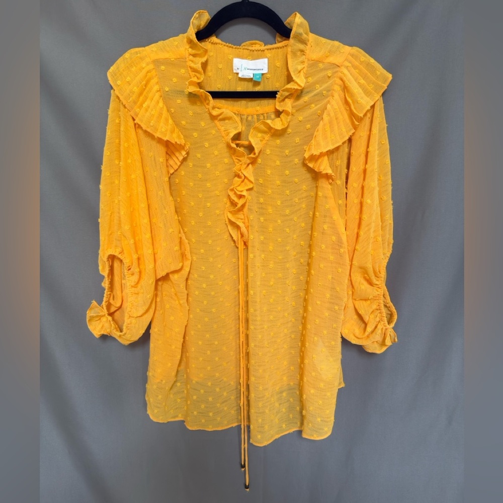 Anthropologie Sheer Yellow Blouse Plus Size 1X Ruffles Boho Relaxed Fit Colorful